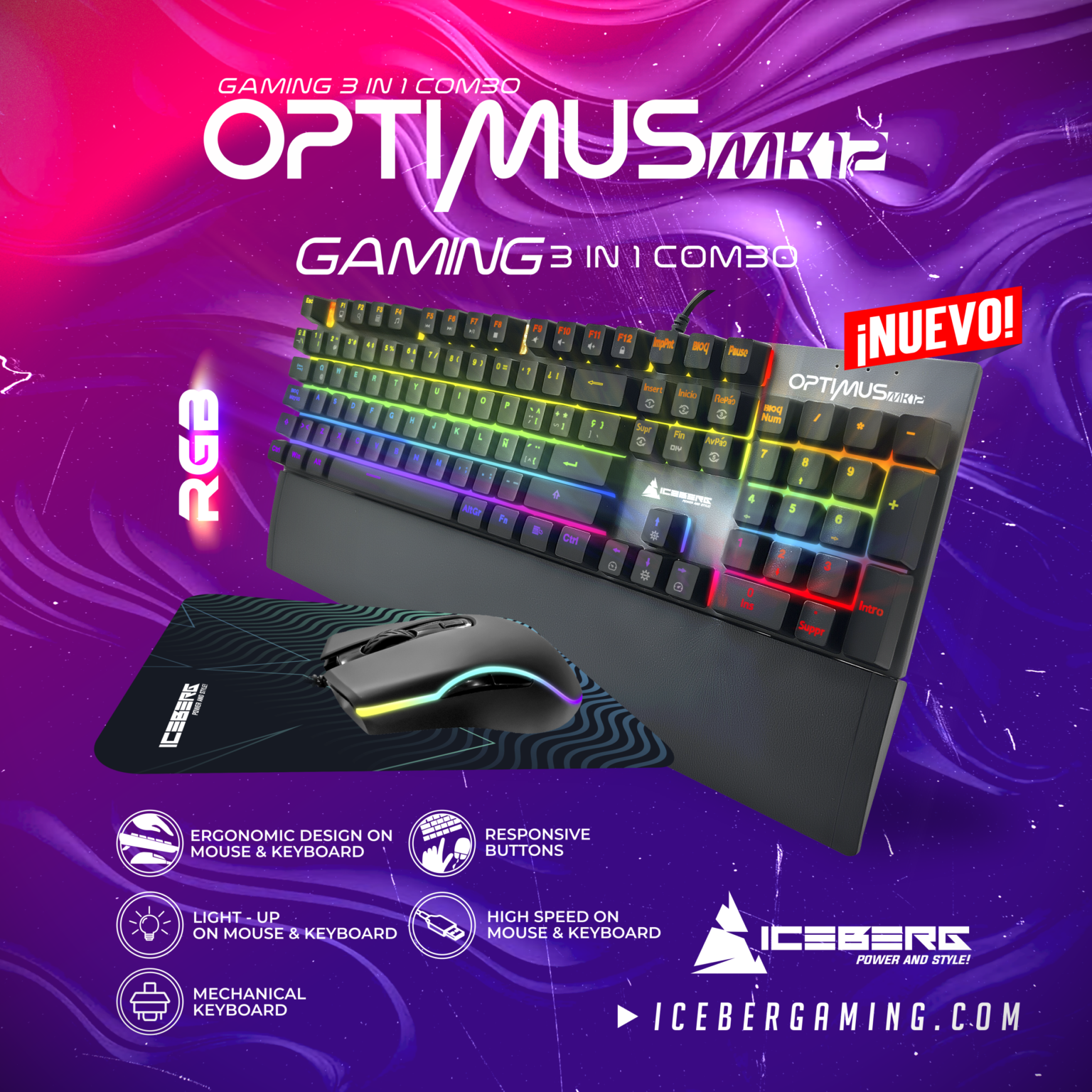 Optimus Mouse Combo Iceberg OPTIMUS MK12 3 en 1 Teclado Mecánico + Mouse Gamer ...