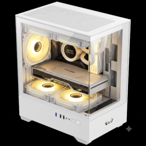 Chasis gamer Eva Cosmic 11M White vista general con iluminación aRGB